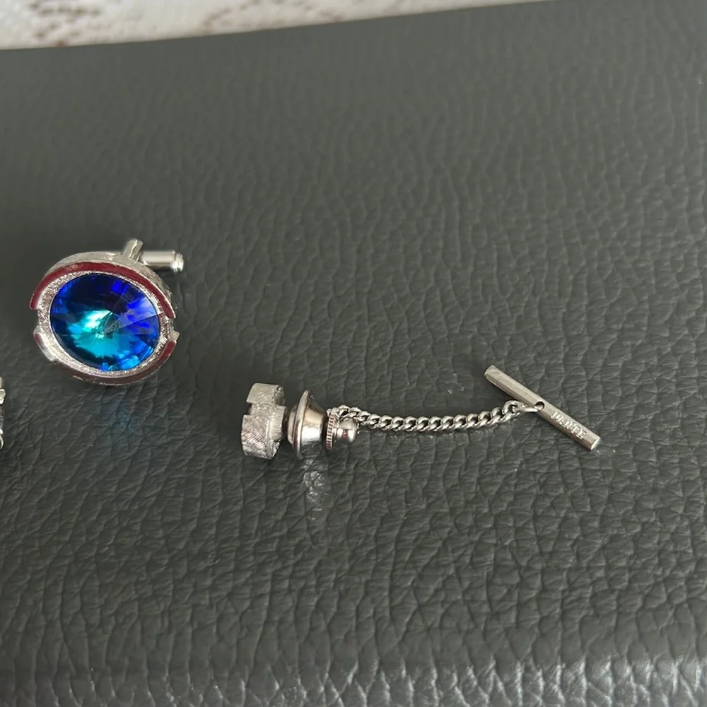 Vintage Dante ocean blue ravioli crystal cuff links & collar pin